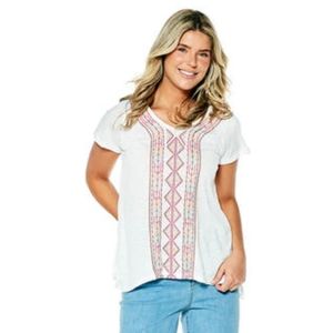 New York Laundry Blouse XL White Pink Orange Blue Embroidered Short Sleeve V Nec